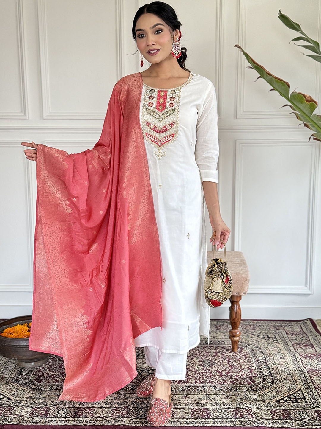 

KALINI Women Embroidered Regular Kurta with Trousers & With Dupatta, Off white