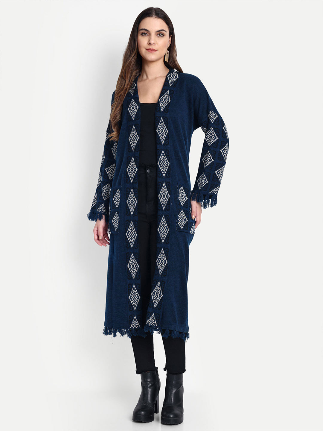 

HAUTEMODA Women Printed Longline Shrug, Blue
