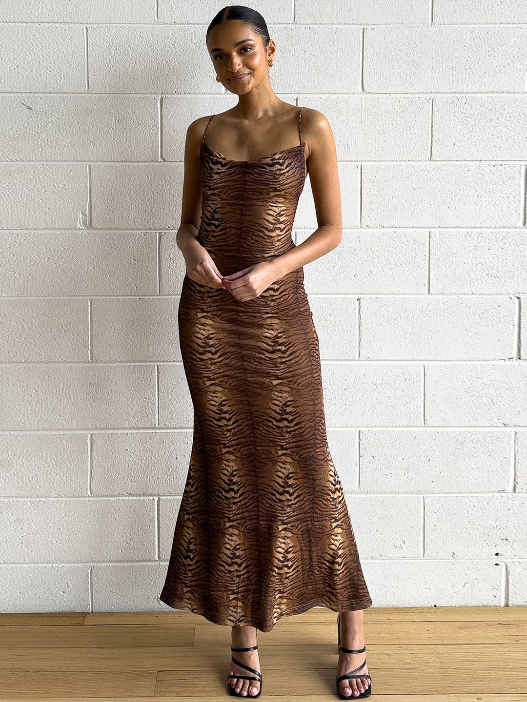 

LULU & SKY Animal Printed Shoulder Straps Sheath Maxi Dress, Brown