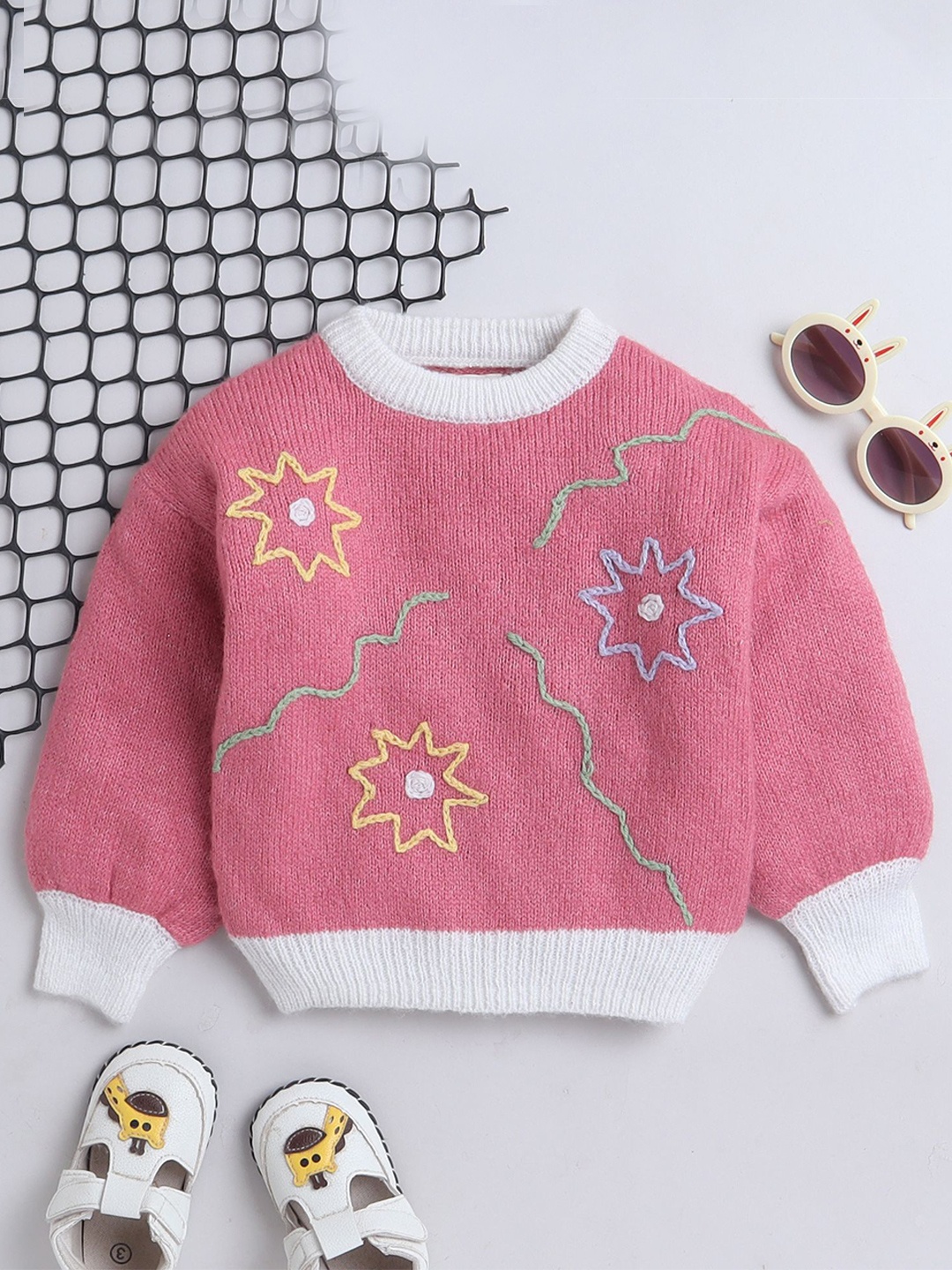 

Yellow Apple Girls Embroidered Woollen Pullover with Embroidered Detail, Pink