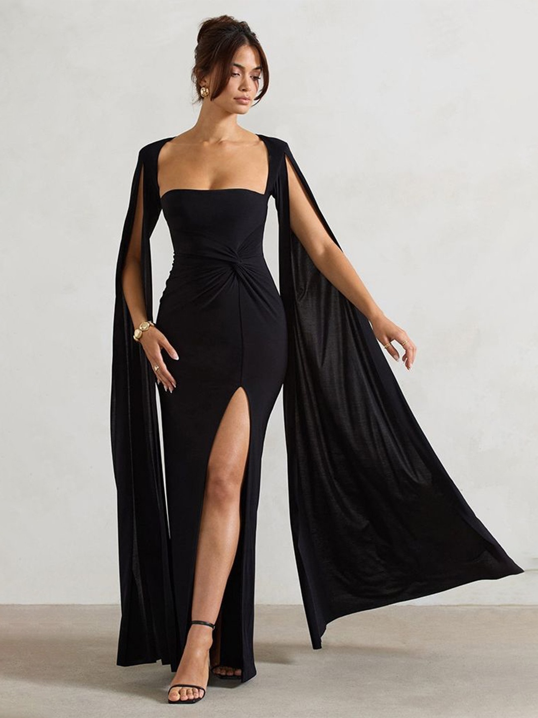 

LULU & SKY Women Square Neck Slit Sleeve Maxi Dress, Black