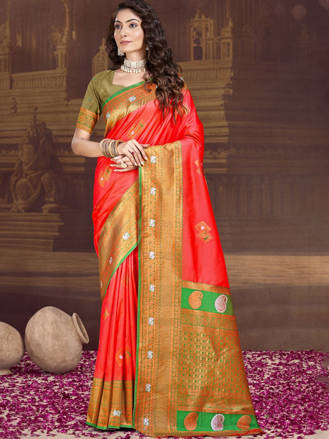 

SANGAM PRINTS Woven Design Zari Silk Blend Tussar Saree, Orange