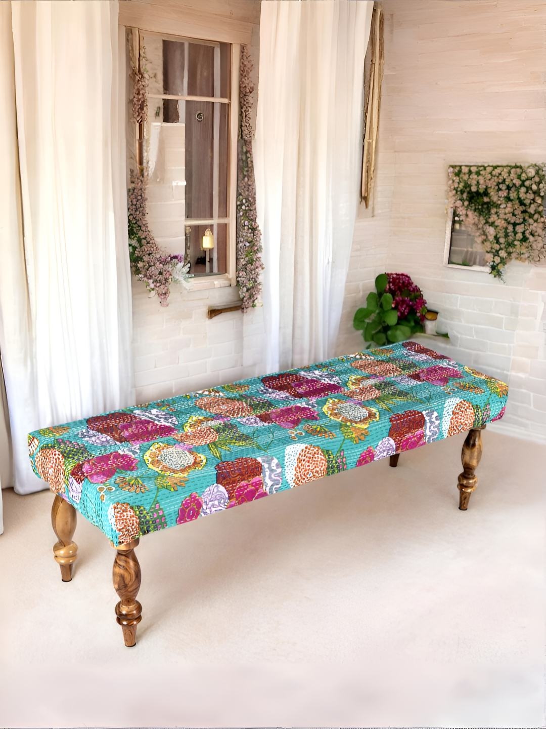 

Ikiriya Sheesham Wood Mid Century 3 Seater Bench in Sea Green Fruit Print Kantha