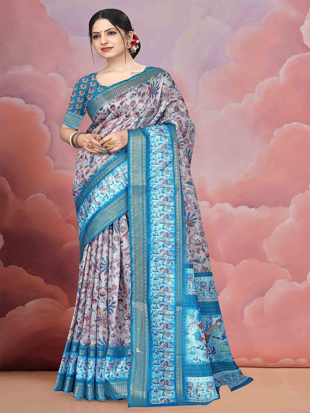 

STAVA CREATION Floral Zari Poly Crepe Kota Saree, Grey