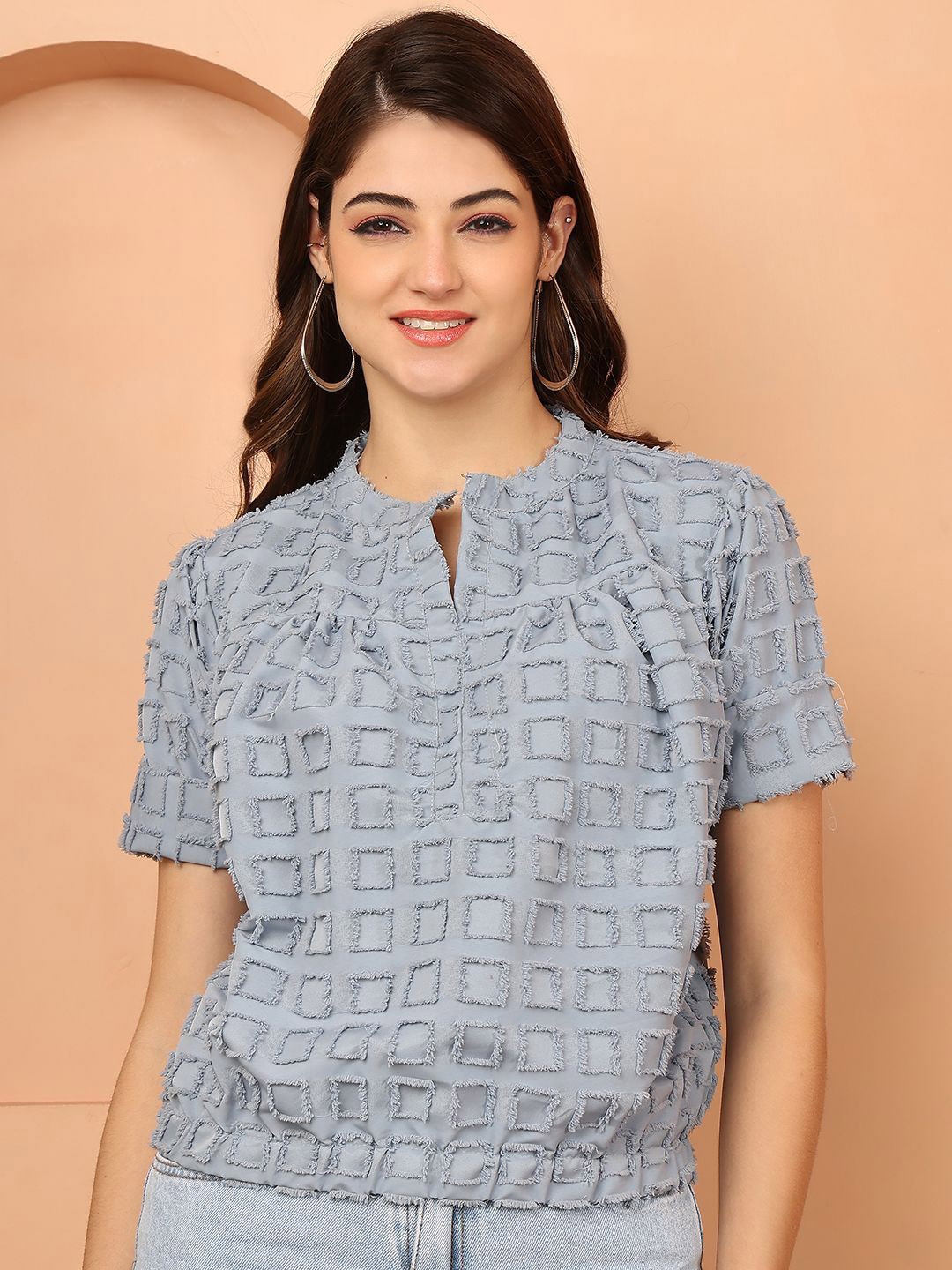 

NEUDIS Mandarin Collar Self-Designs Tops, Blue