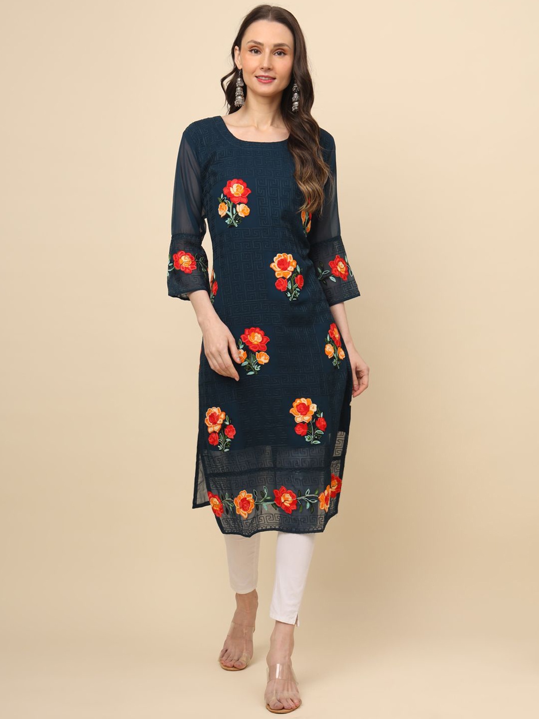 

HERE&NOW Women Floral Embroidered Thread Work Georgette Kurta, Teal