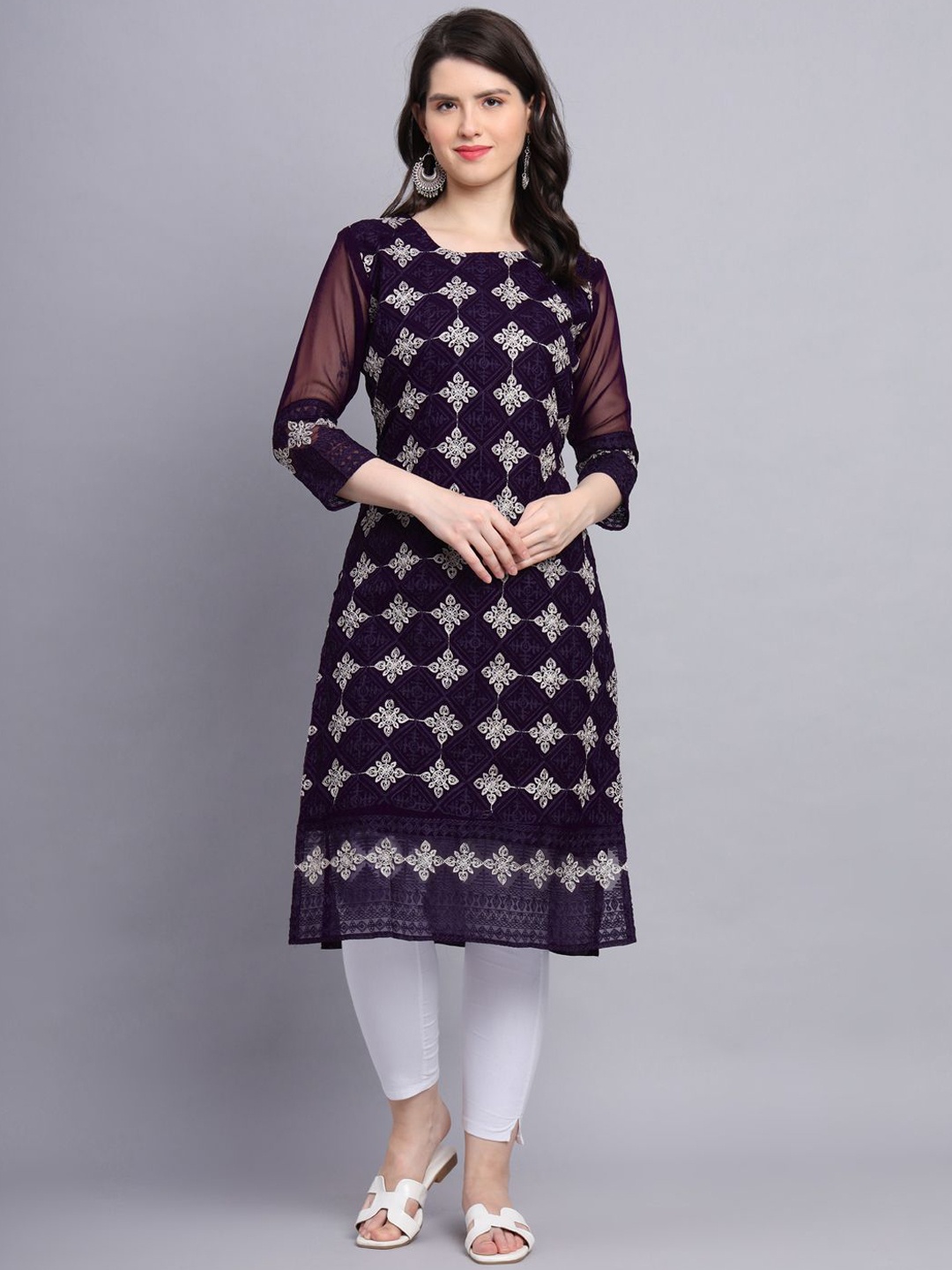 

HERE&NOW Women Floral Embroidered Thread Work Georgette Kurta, Purple