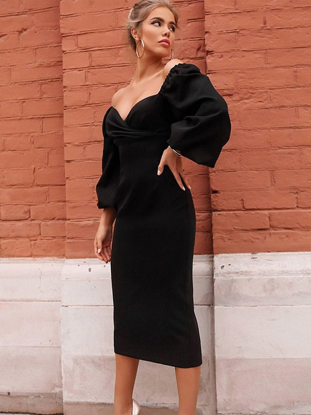 

LULU & SKY Women Puff Sleeve Sheath Midi Dress, Black