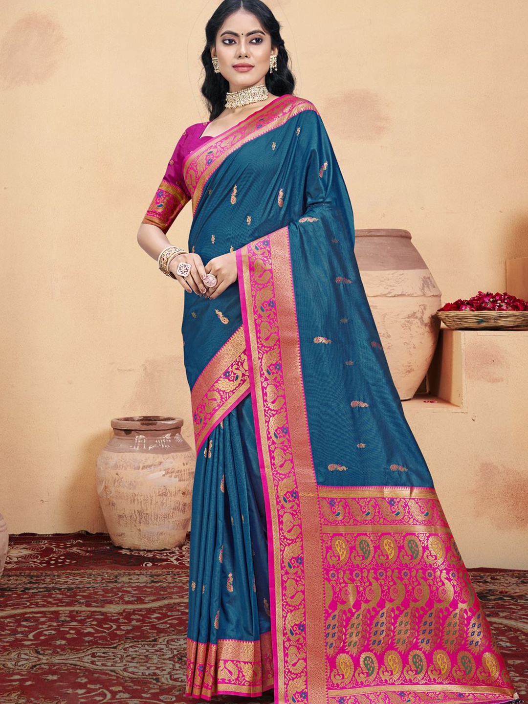 

SANGAM PRINTS Woven Design Zari Silk Blend Tussar Saree, Blue