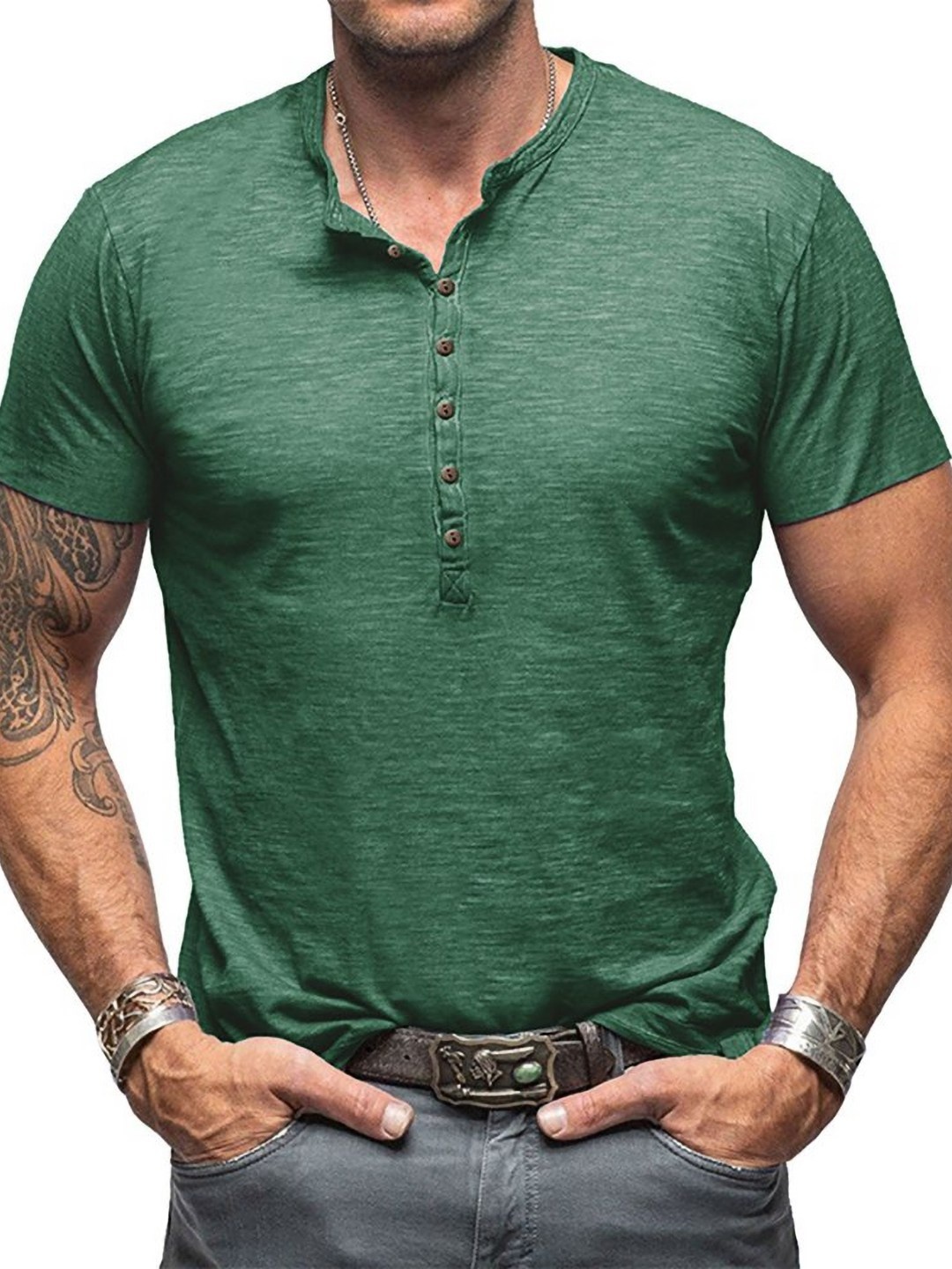 

StyleCast x Revolte Men Solid Mandarin Collar Cotton T-shirt, Green