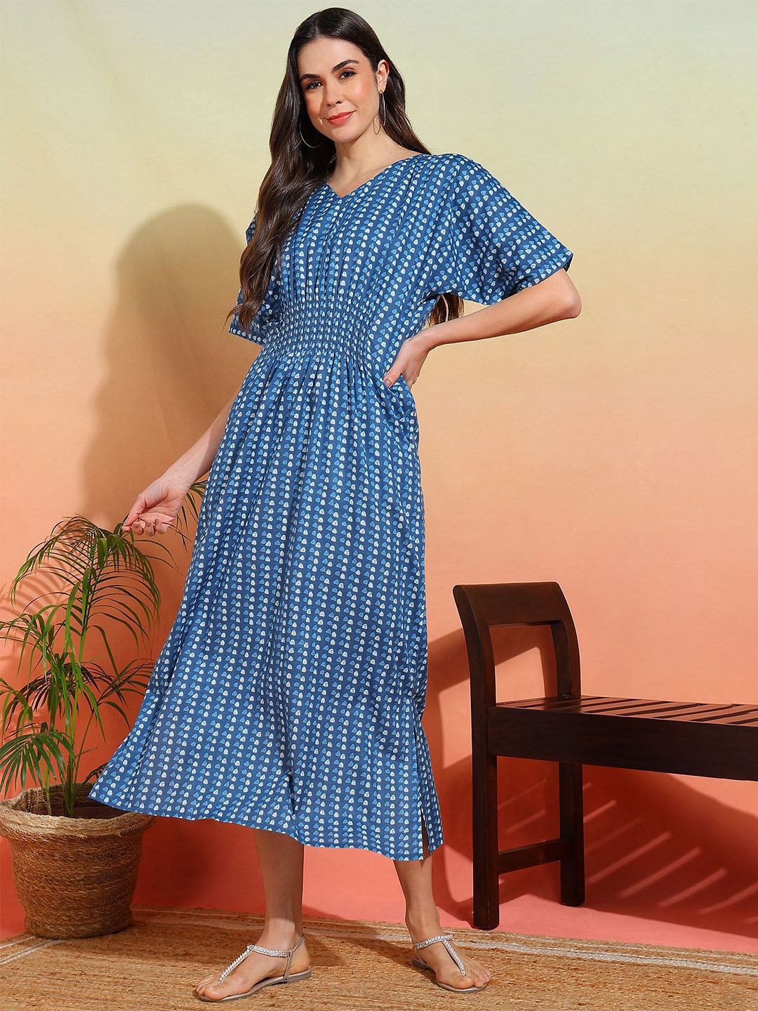 

Label Ceres Printed Pure Cotton Short Sleeve Fit & Flare Dress, Blue