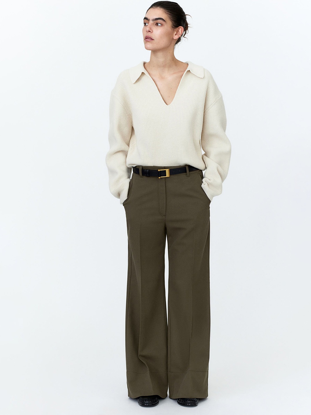 

H&M Flared Twill Trousers, Green