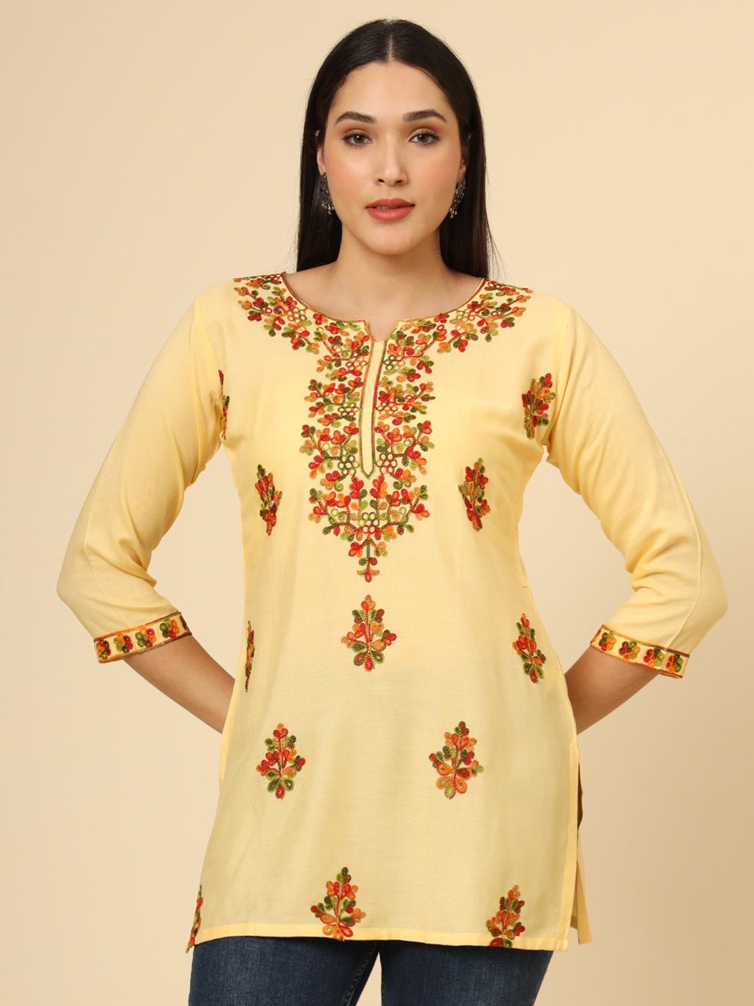 

HERE&NOW Floral Embroidered Thread Work Thread Work Kurti, Yellow