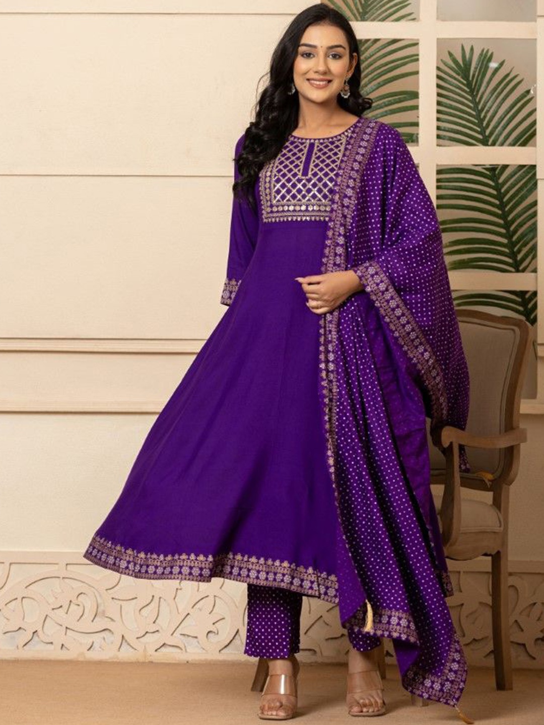 

DHANOTA Women Ethnic Motifs Embroidered Angrakha Sequinned Kurta with Trousers & With Dupatta, Purple