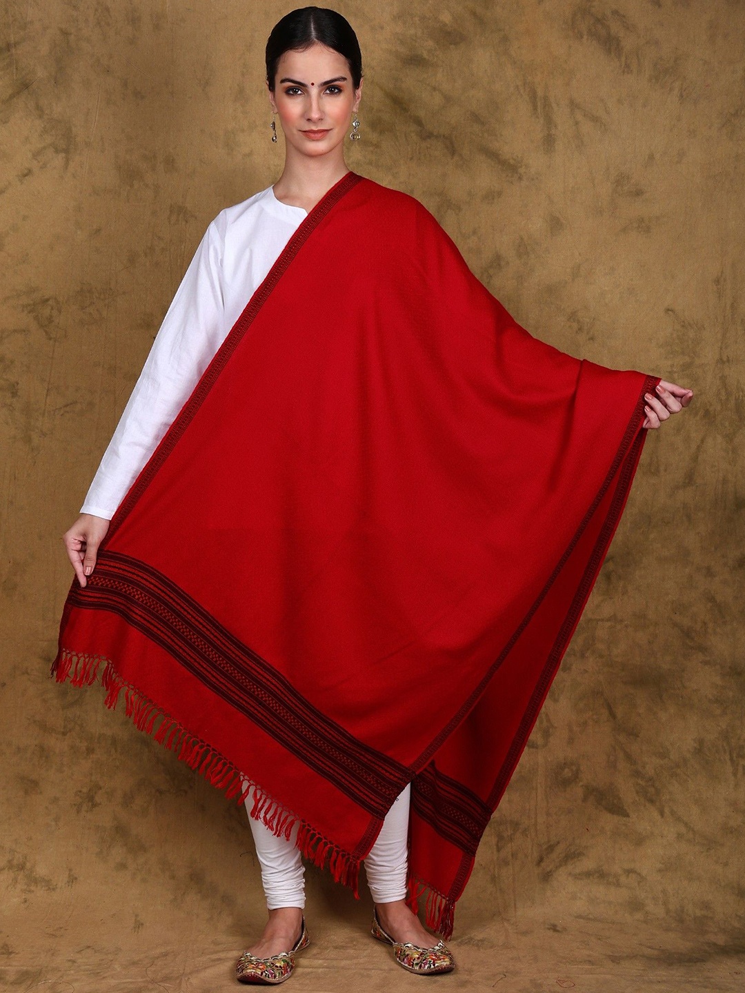 

Exotic India Wool Handloom Stole from Kullu with Multicolor Woven Kinnauri Border, Red