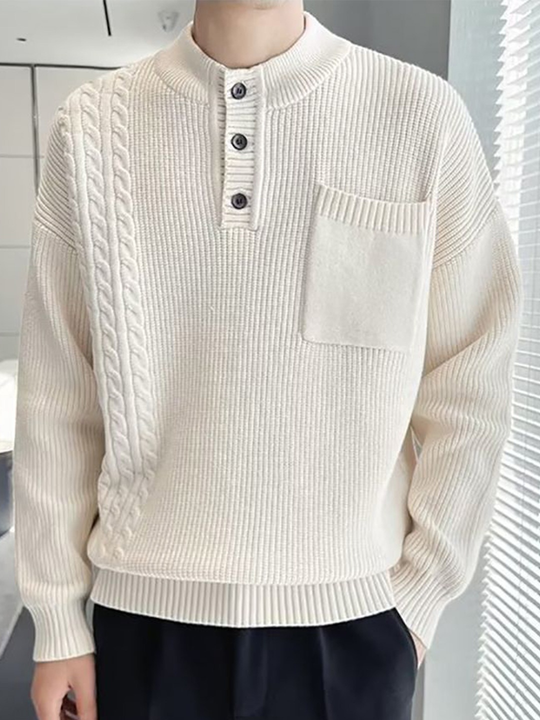 

StyleCast x Revolte Men Cable Knit Pullover, Beige