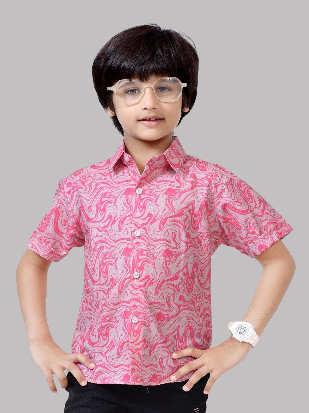 

BAESD Boys Comfort Spread Collar Abstract Printed Cotton Casual Shirt, Pink