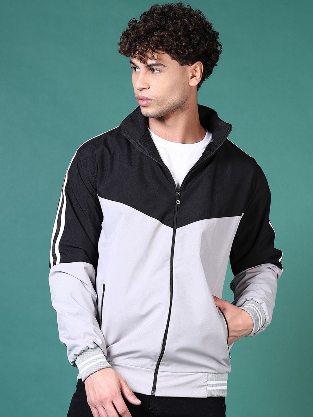 

V-Mart Men Colourblocked Bomber with Embroidered Jacket, Grey
