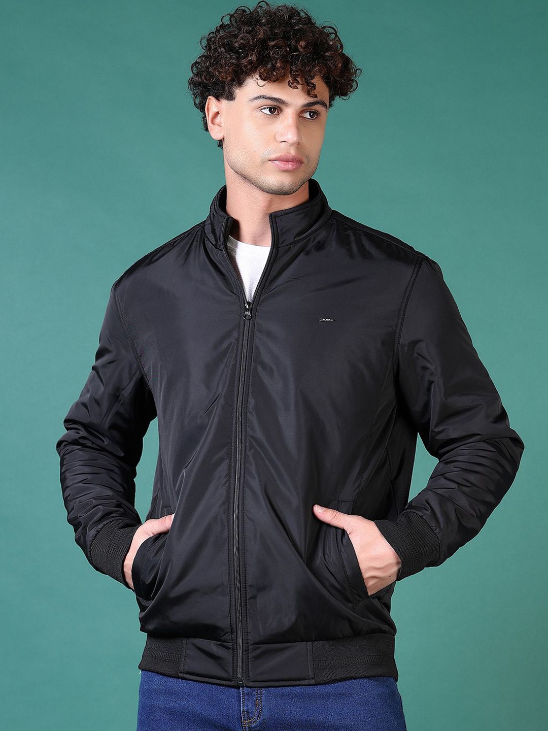 

V-Mart Men Geometric Bomber Jacket, Black