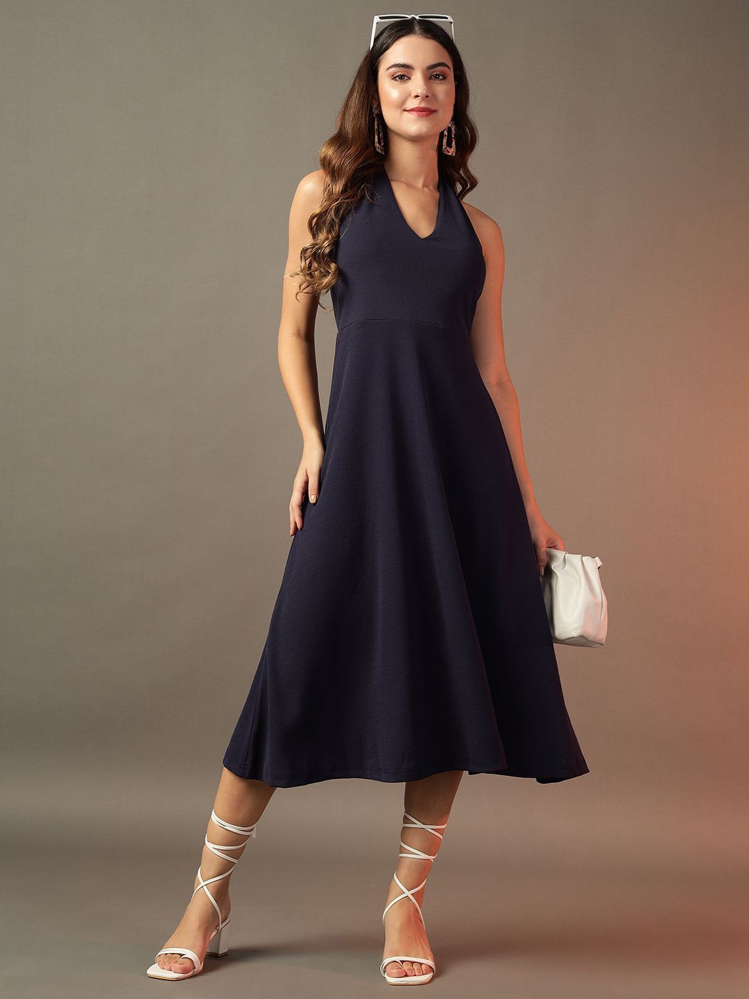 

BAESD Halter Neck A-Line Midi Dress, Navy blue