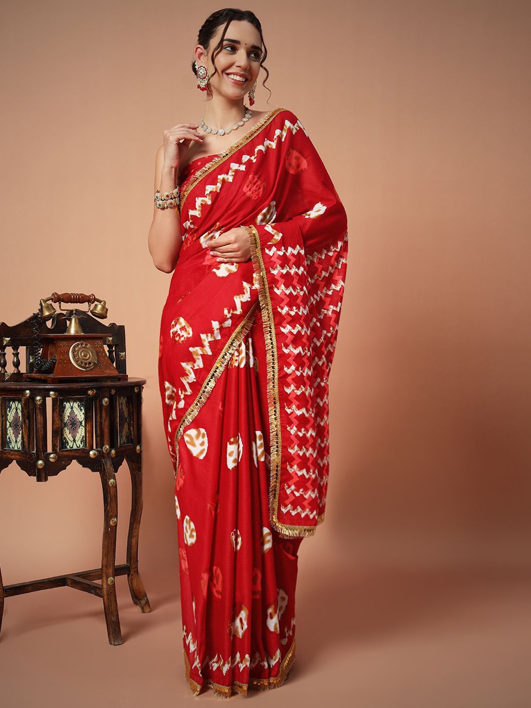 

Anouk Embellished Block Print Pure Cotton Saree, Red