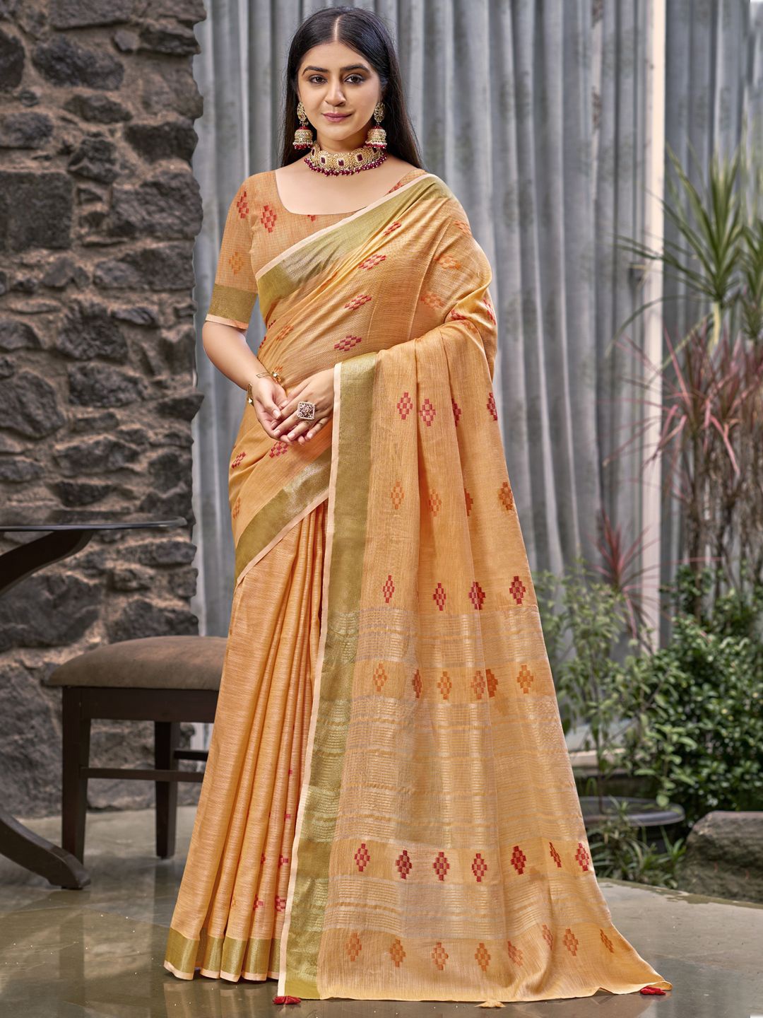 

SANGAM PRINTS Woven Design Zari Linen Blend Tussar Saree, Orange