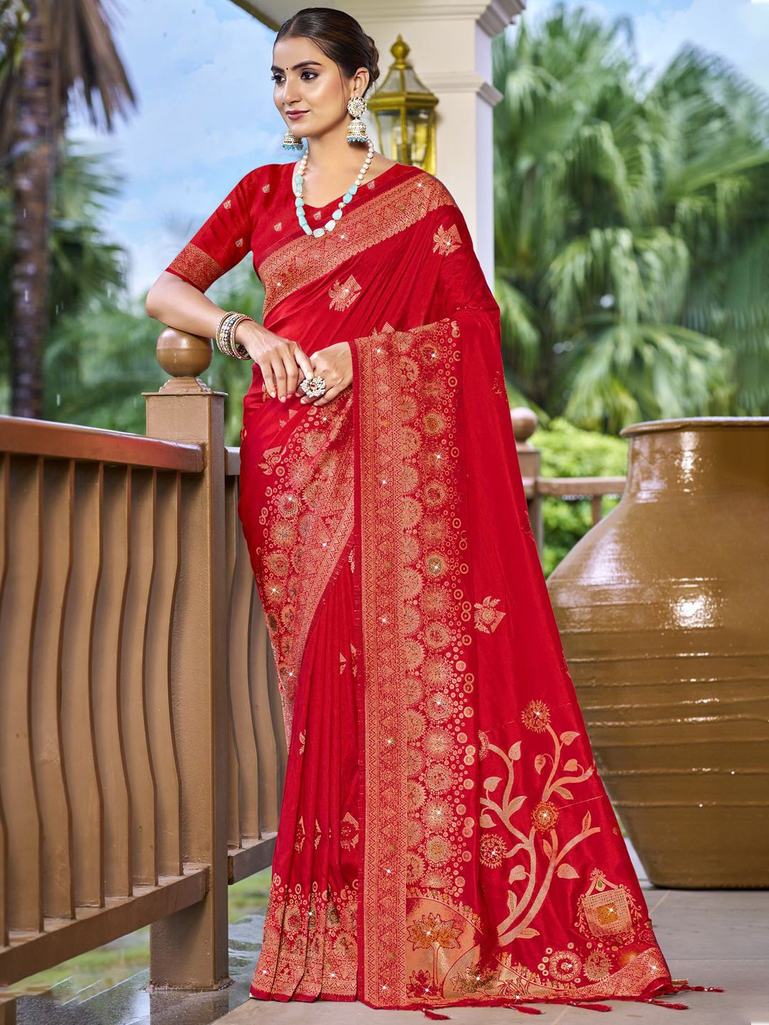 

SANGAM PRINTS Woven Design Silk Blend Designer Tussar Saree, Red