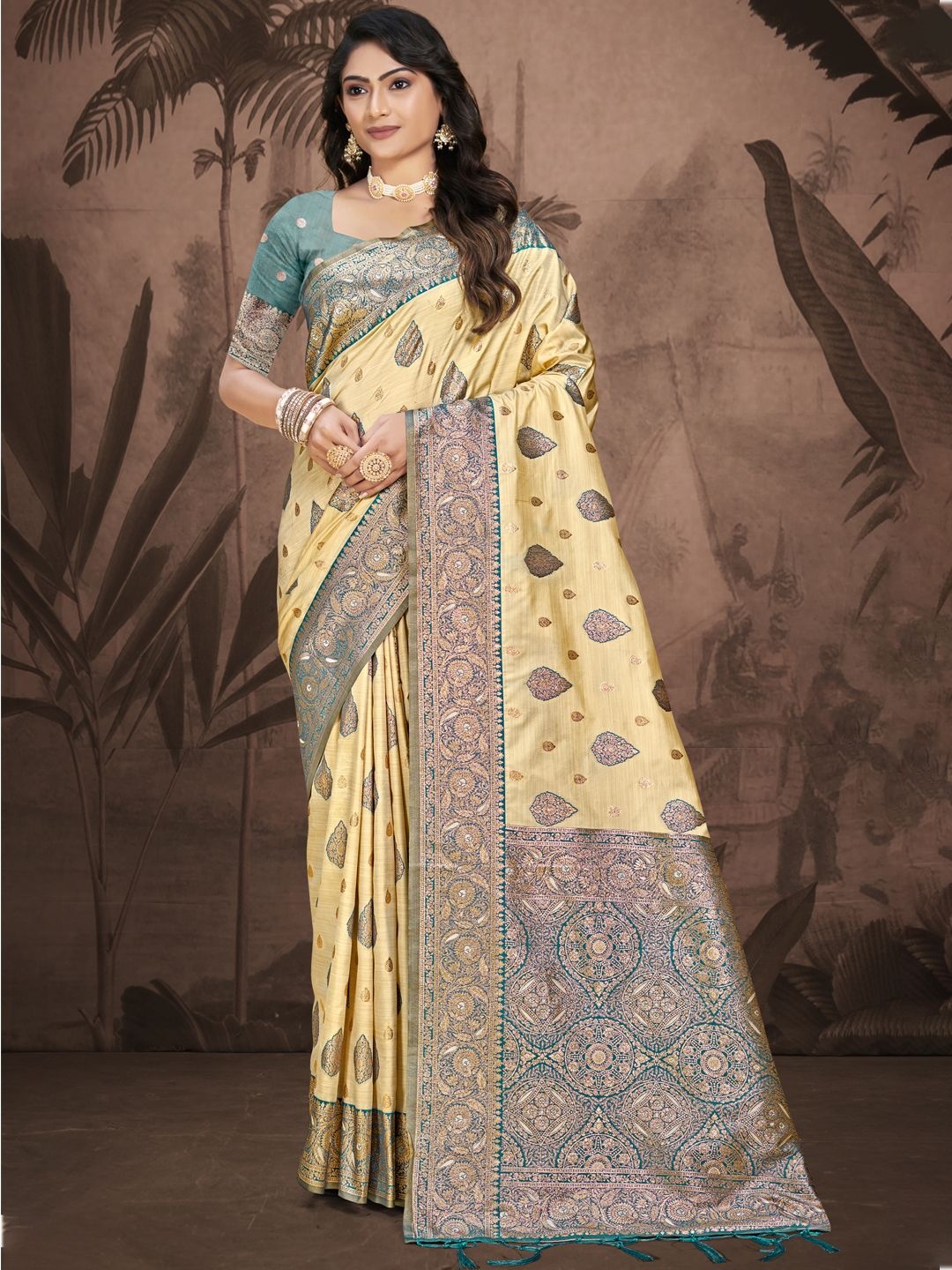 

SANGAM PRINTS Woven Design Zari Silk Blend Tussar Saree, Beige