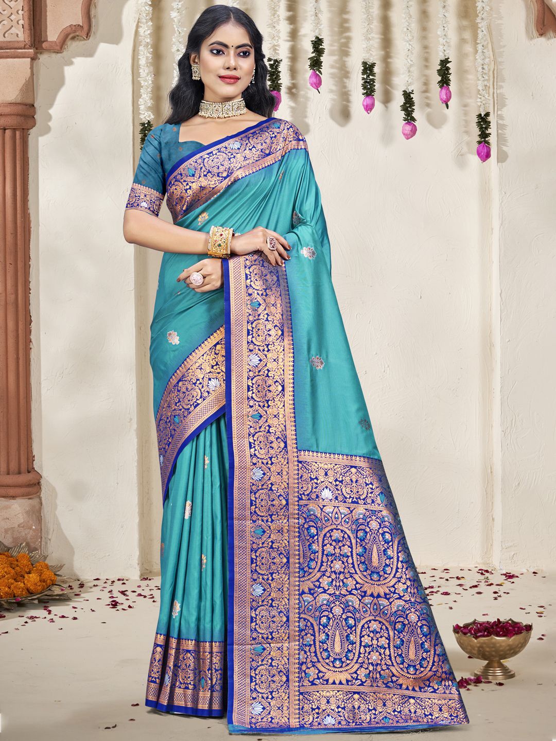 

SANGAM PRINTS Woven Design Zari Silk Blend Tussar Saree, Blue