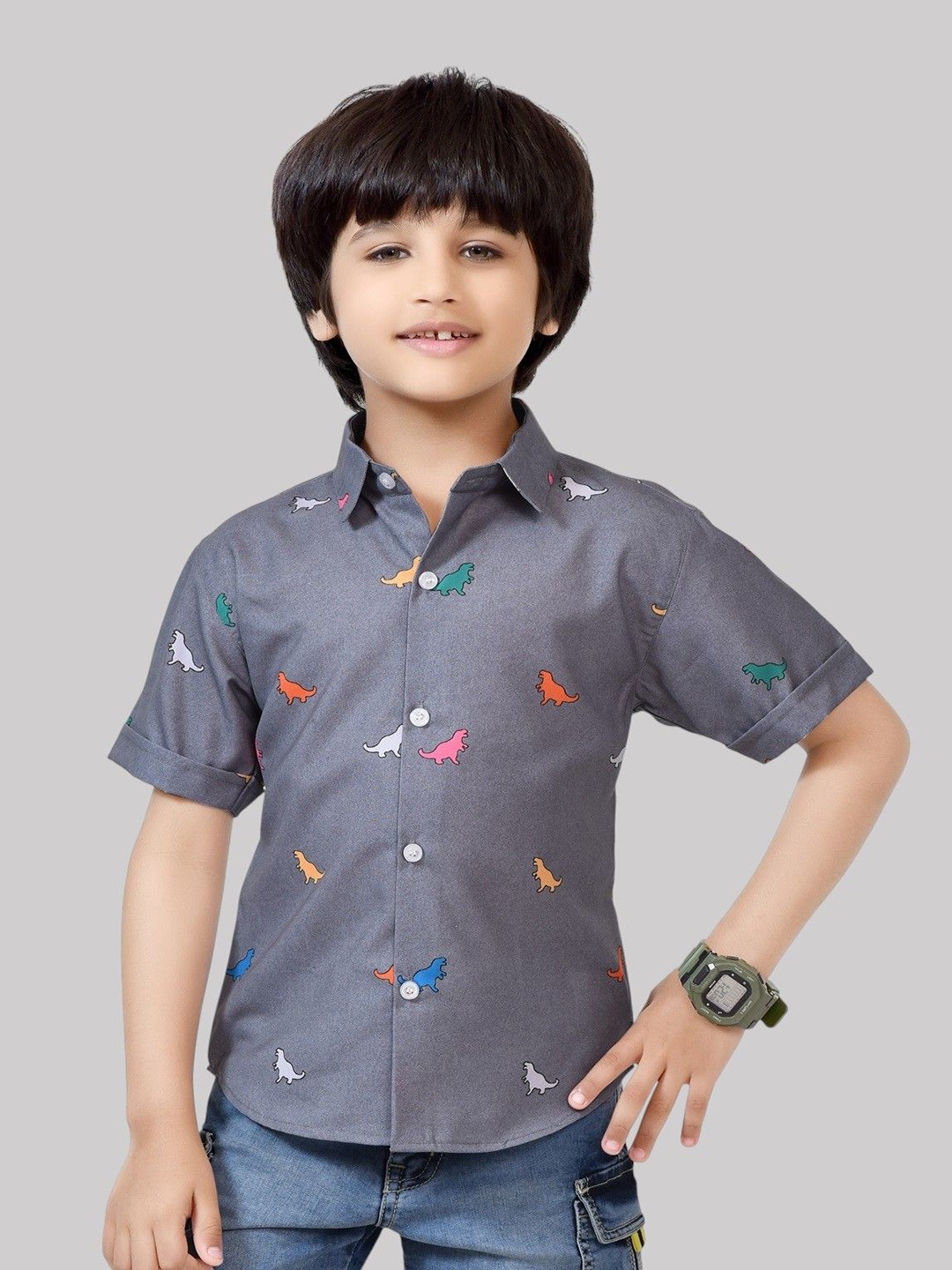 

BAESD Boys Comfort Spread Collar Conversational Printed Cotton Casual Shirt, Grey