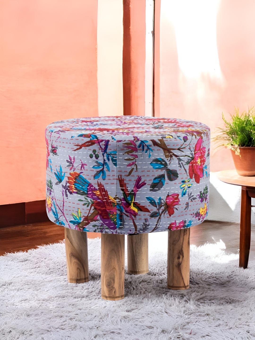 

Ikiriya Grey & Pink Embroidered Round Ottoman