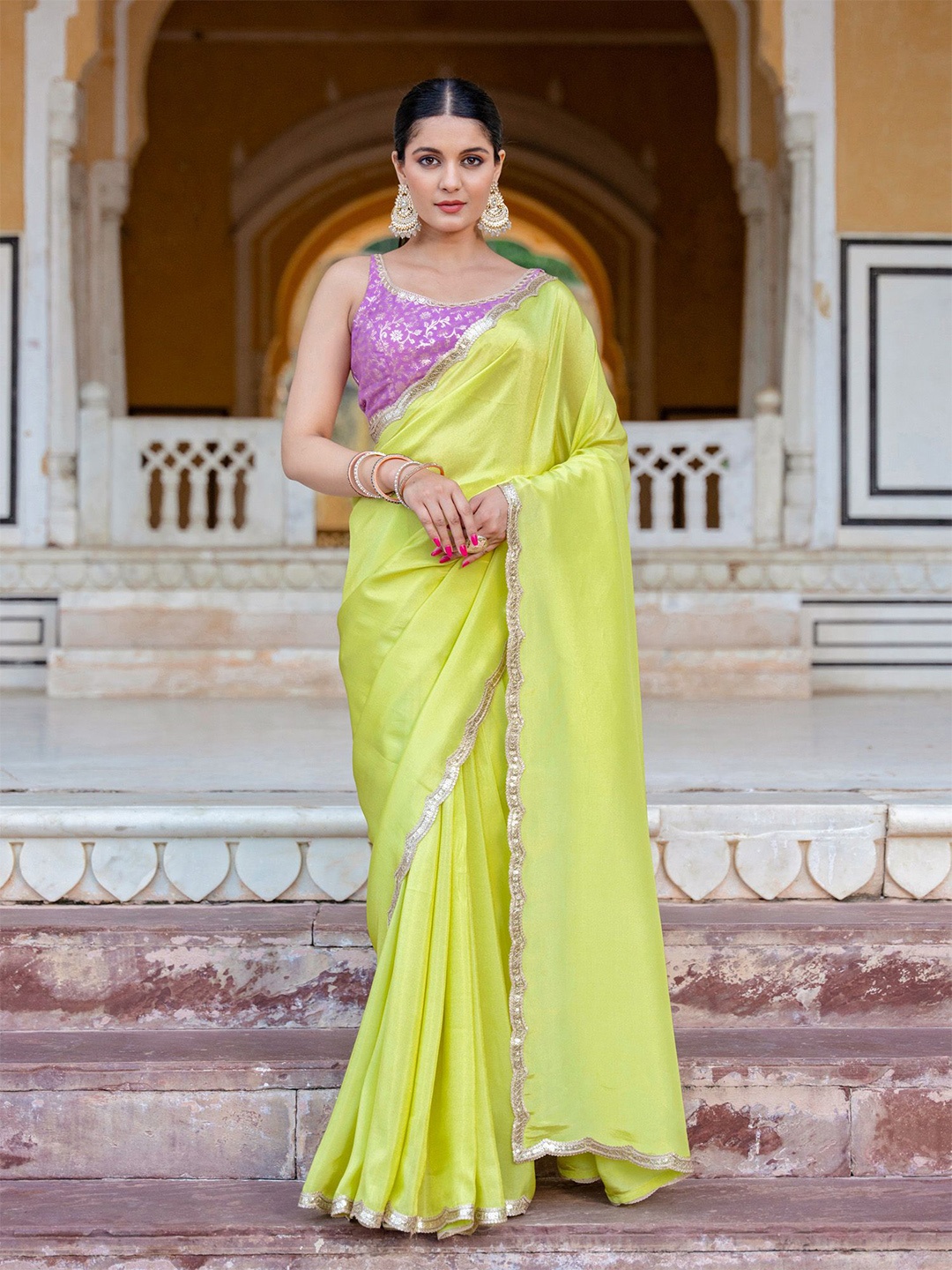 

KASYA Sequinned Tissue Saree, Lime green