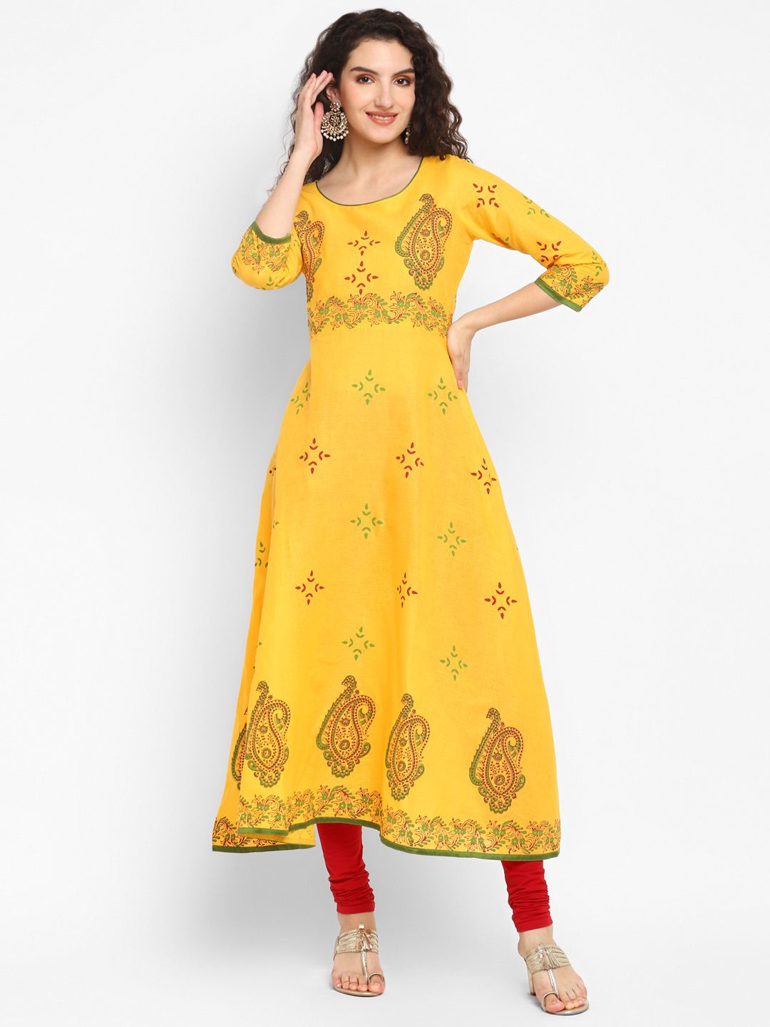 

CROESUS Women Block Printed Cotton Anarkali Kurta, Yellow
