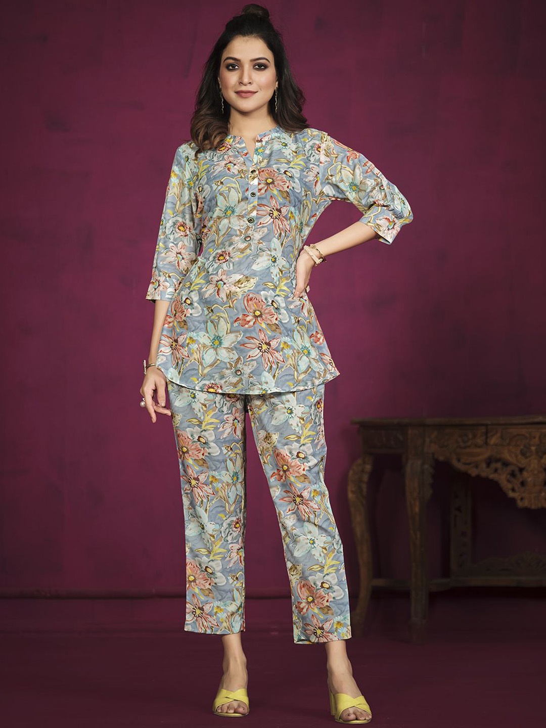 

all about you Mandarin Collar Printed Top With Trouser, Grey