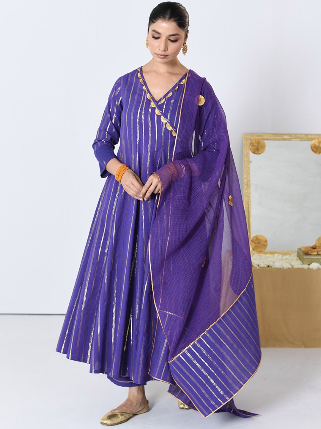 

PINK CACTII Women Embroidered Angrakha Kurta with Pyjamas & With Dupatta, Purple