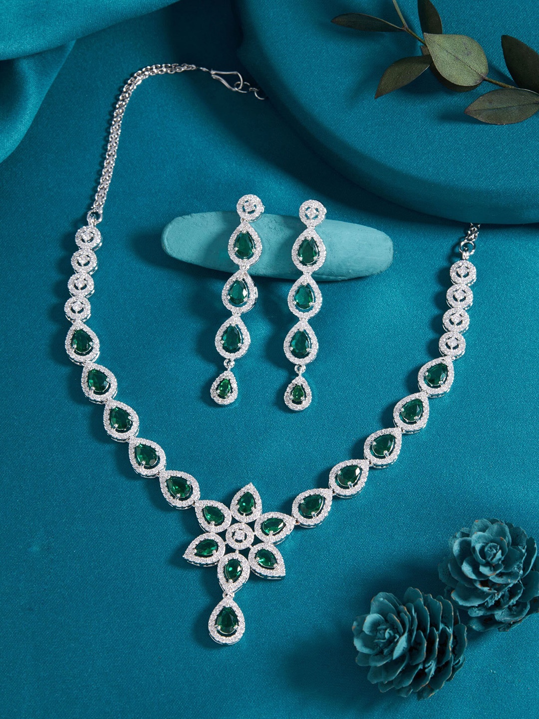 

Boghra Sales Silver-Plated American Diamond Stone-Studded Necklace and Earrings