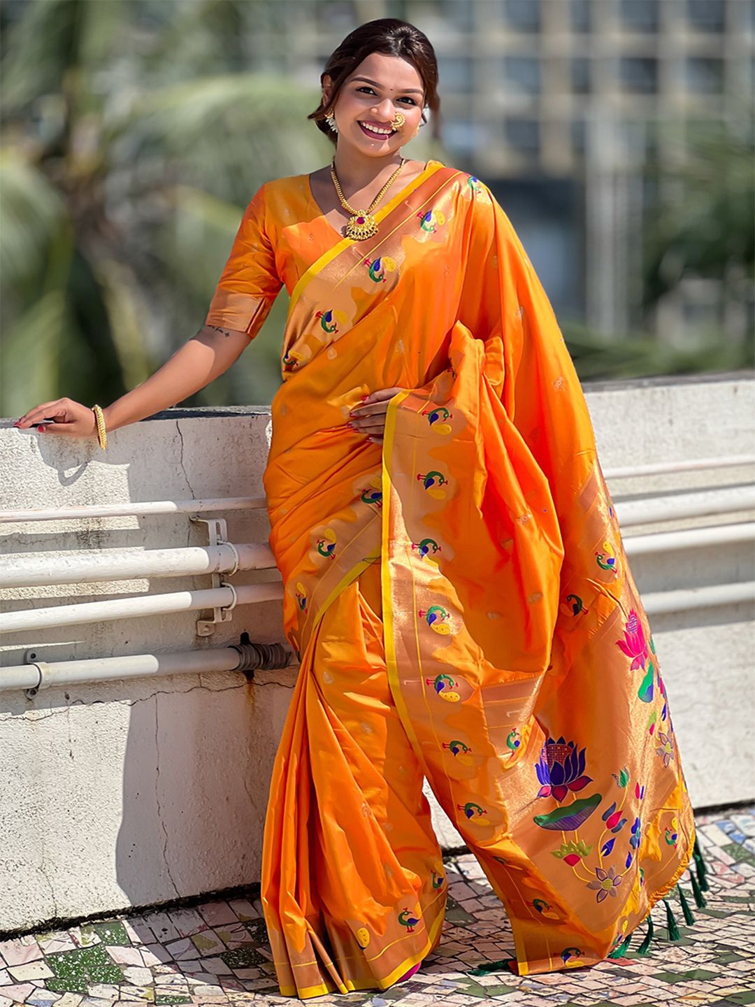 

Mitera Woven Design Zari Silk Blend Paithani Saree, Orange