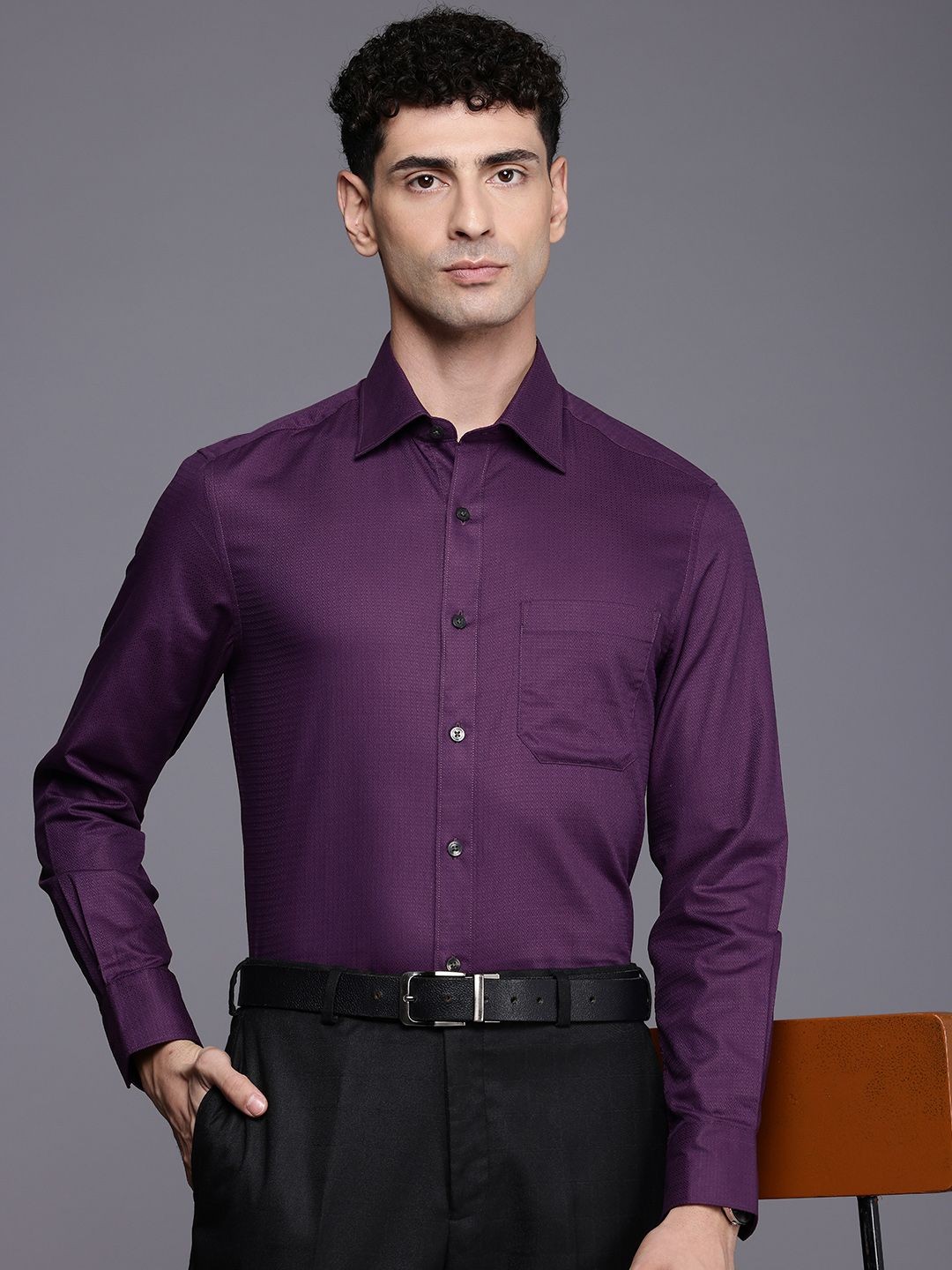 

Louis Philippe Pure Cotton Self Design Textured Classic Fit Opaque Formal Shirt, Purple