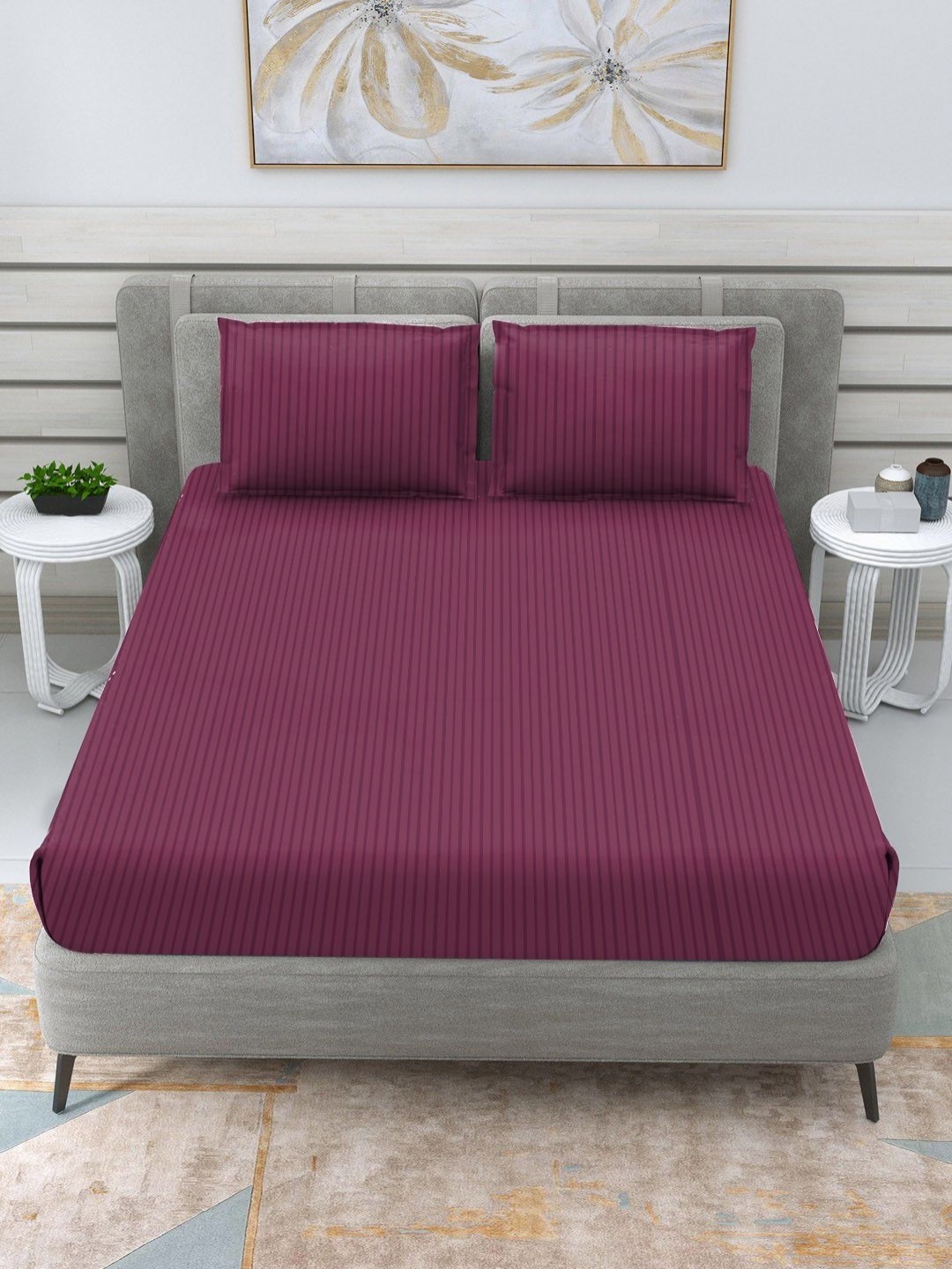 

RRC Maroon 144 TC Striped Printed Satin King Bedsheet Set-2.28 m X 2.74 m