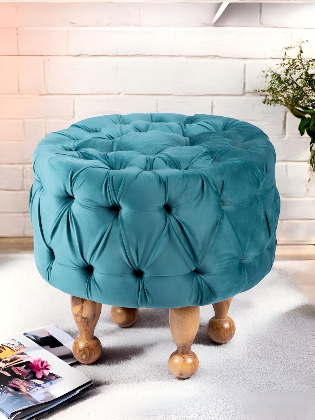 

Ikiriya Turquoise Blue Wooden Cotton Round Ottoman