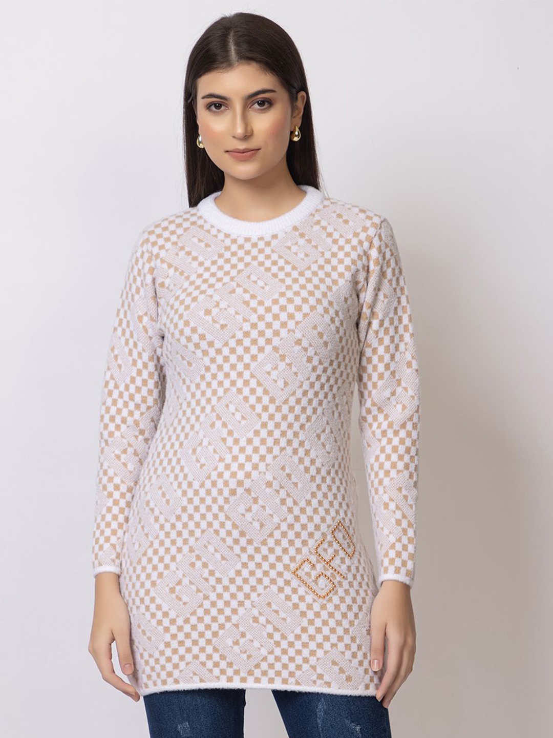 

GFO Women Woollen Longline Long Sleeves Pullover Sweater, Peach