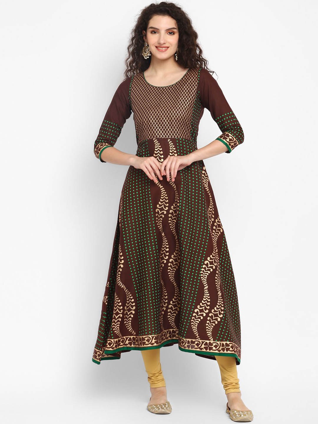 

CROESUS Women Block Printed Cotton Anarkali Kurta, Brown