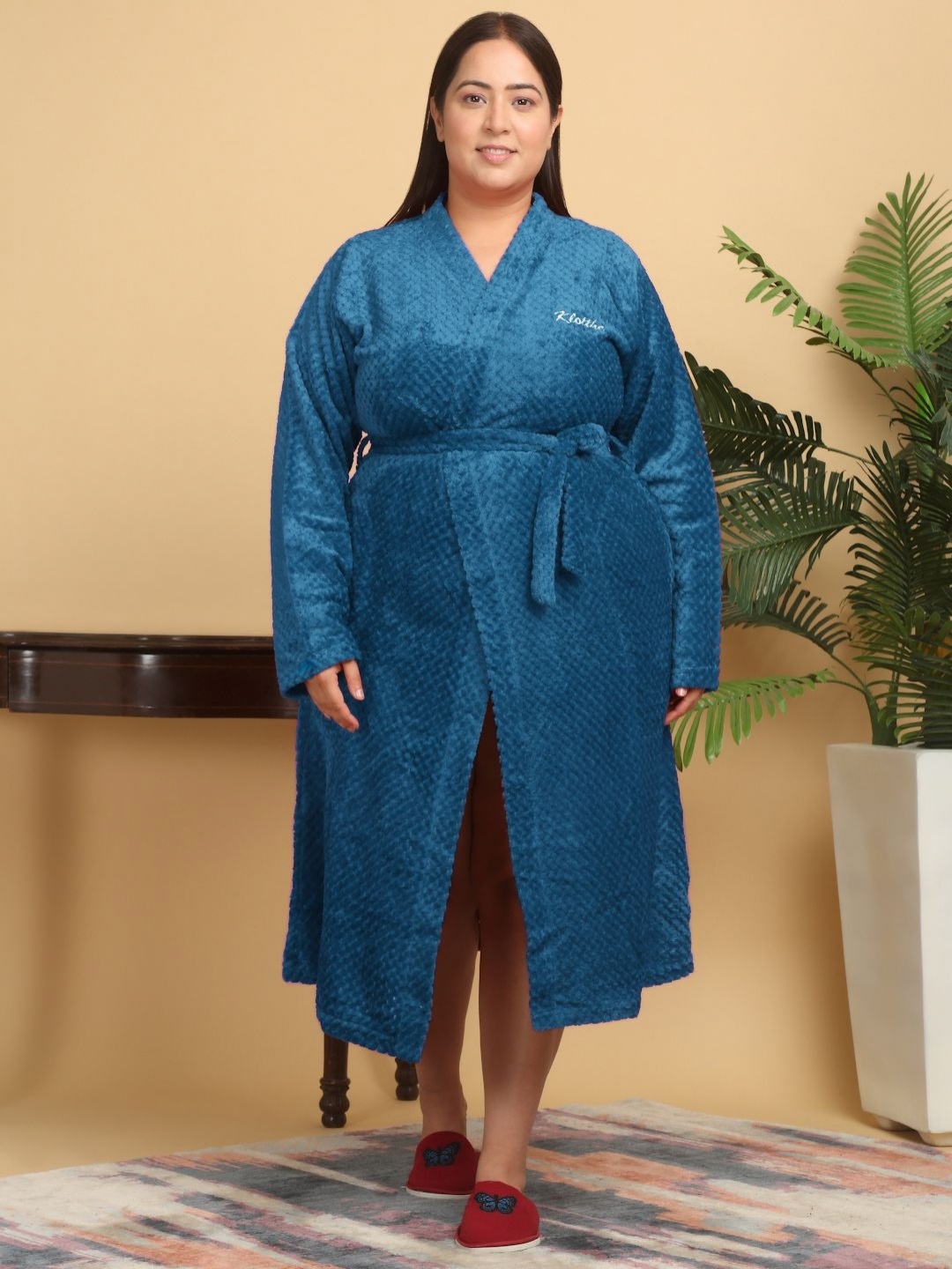 

KLOTTHE Women Plus Size Self Design Woollen Bath Robe With Belt, Blue