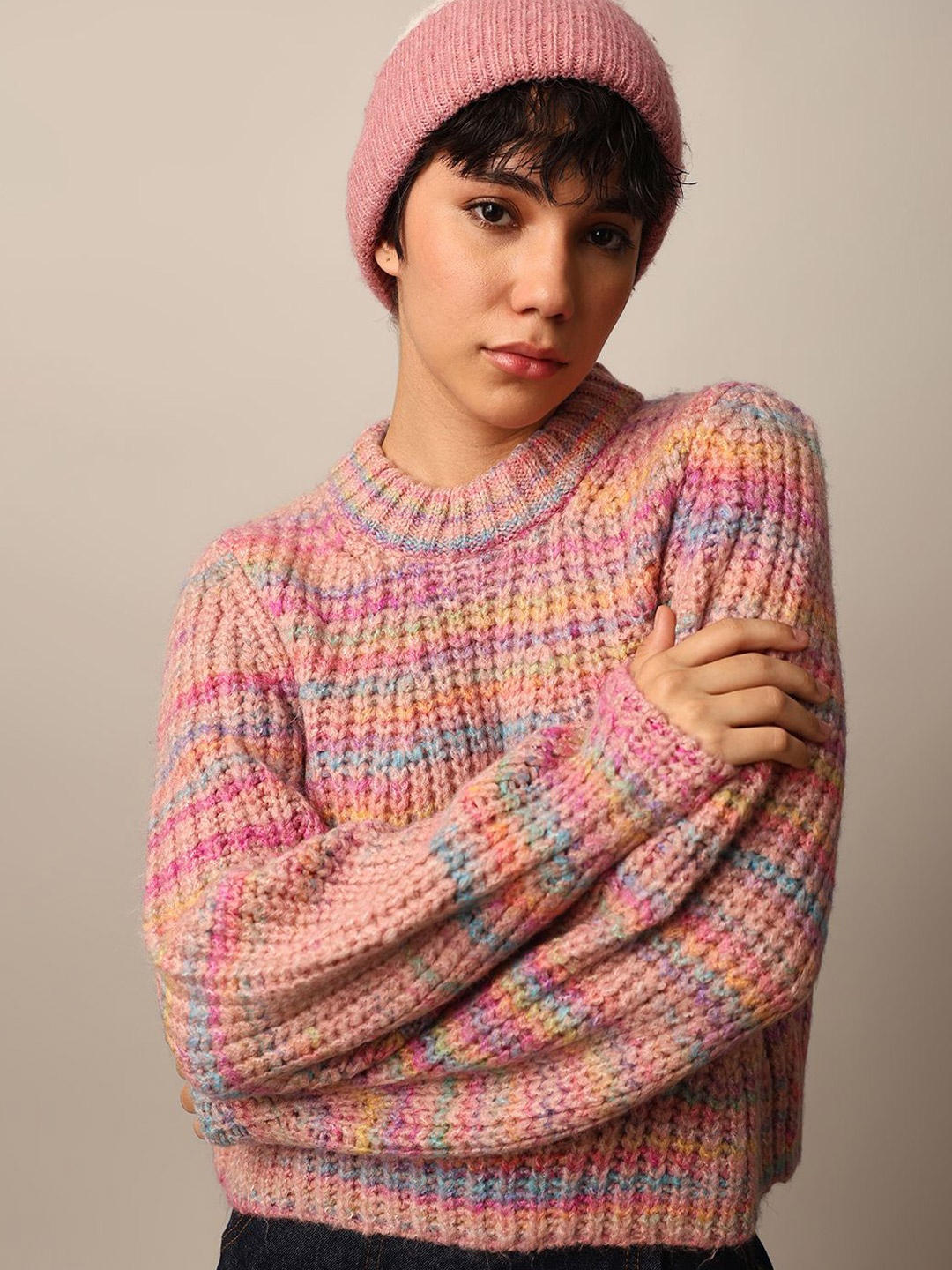 

ONLY Women Colourblocked Pullover with Fuzzy Detail, Pink