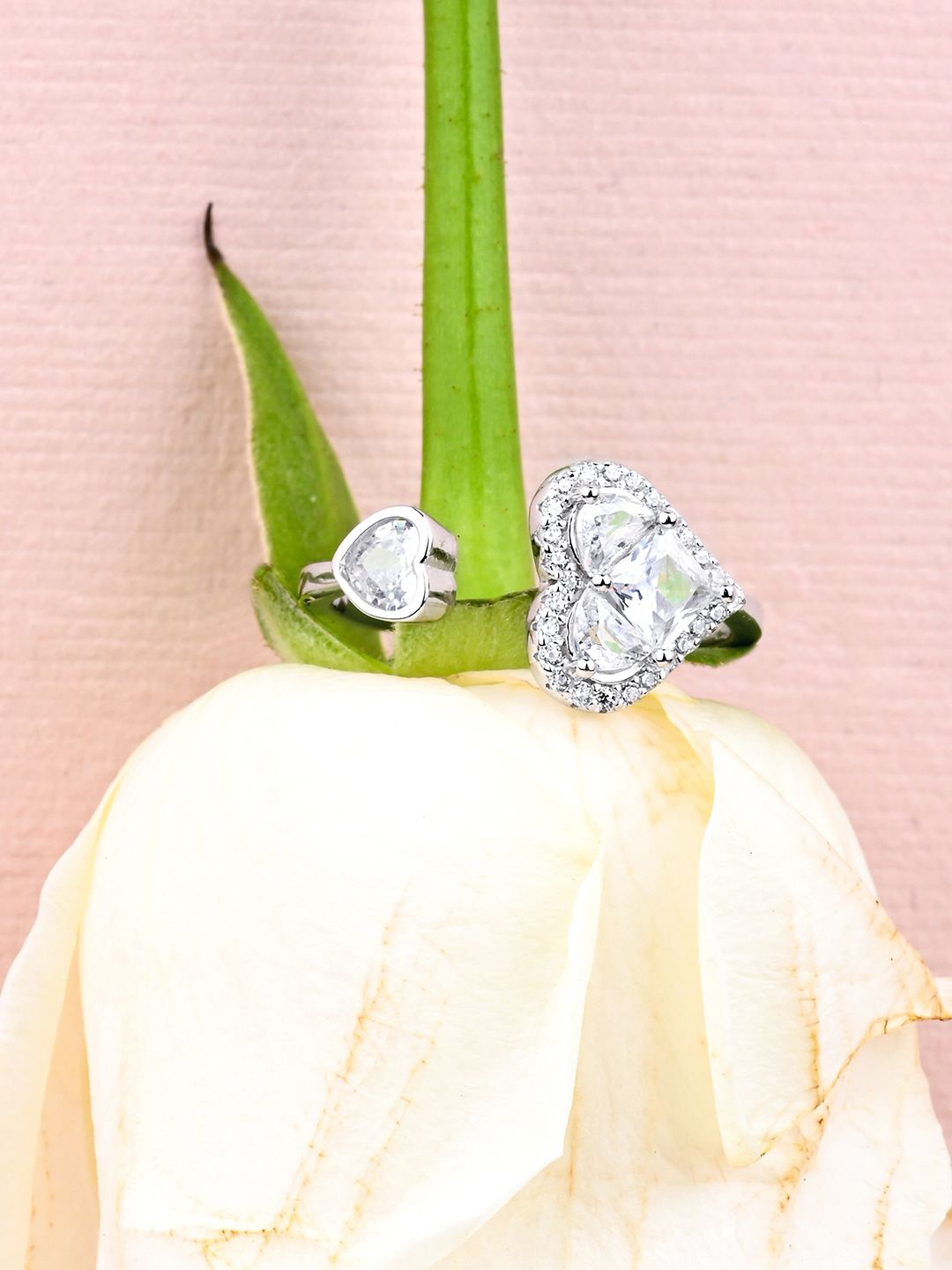 

TOUCH925 Silver-Plated Two Heart Stone-Studded Adjustable Finger Ring