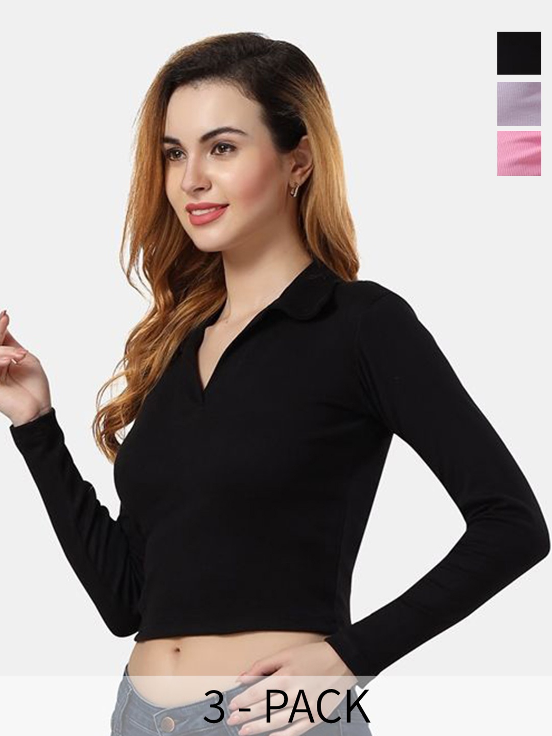 

Fabme Women Pack of 3 Cotton Crop Boxy Top, Black