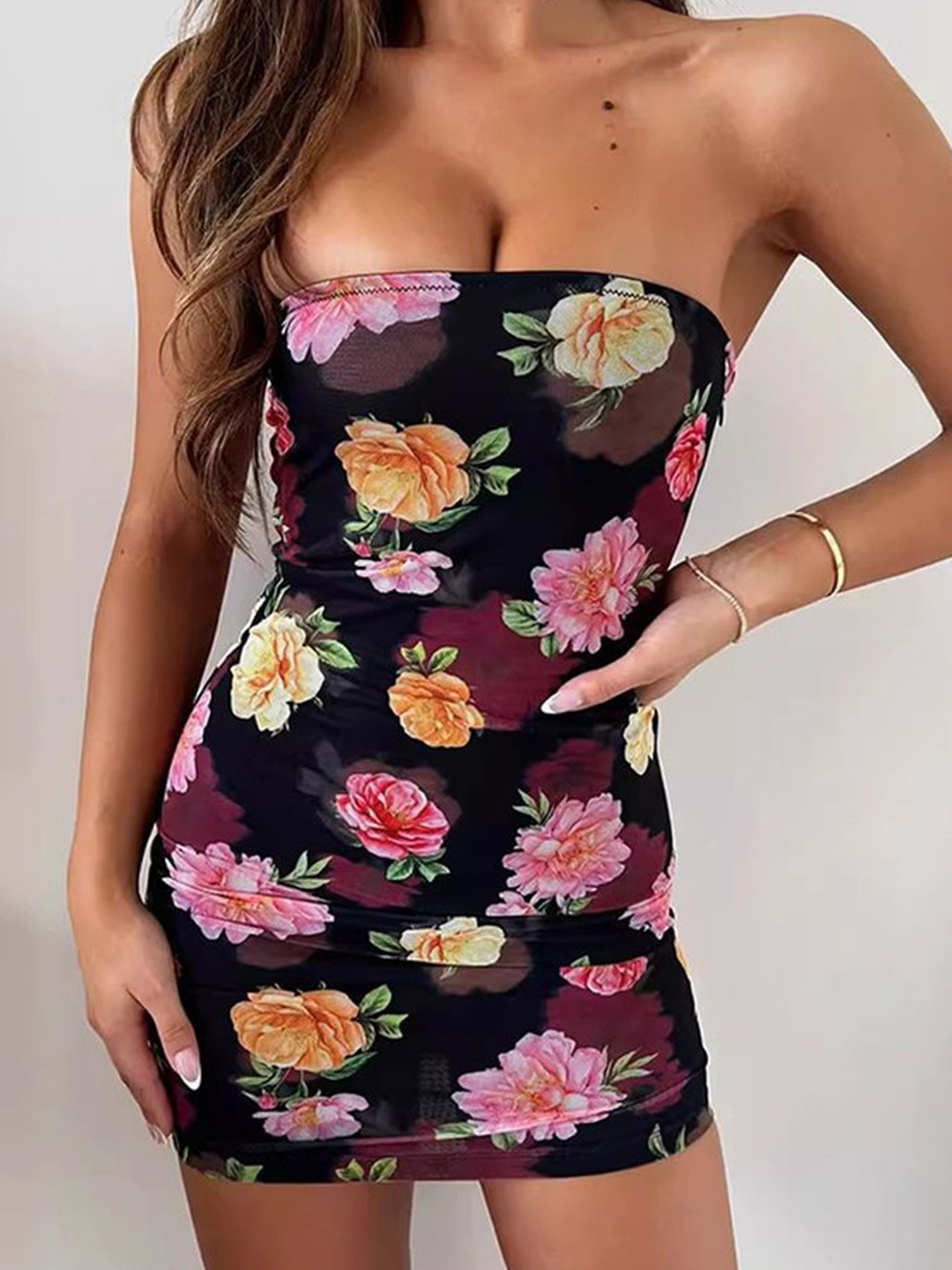 

LULU & SKY Women Floral Printed Bandeau Mini Dress, Black