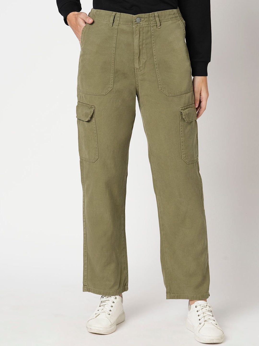 

Kraus Jeans Women Loose Fit High-Rise Cargos Trousers, Olive