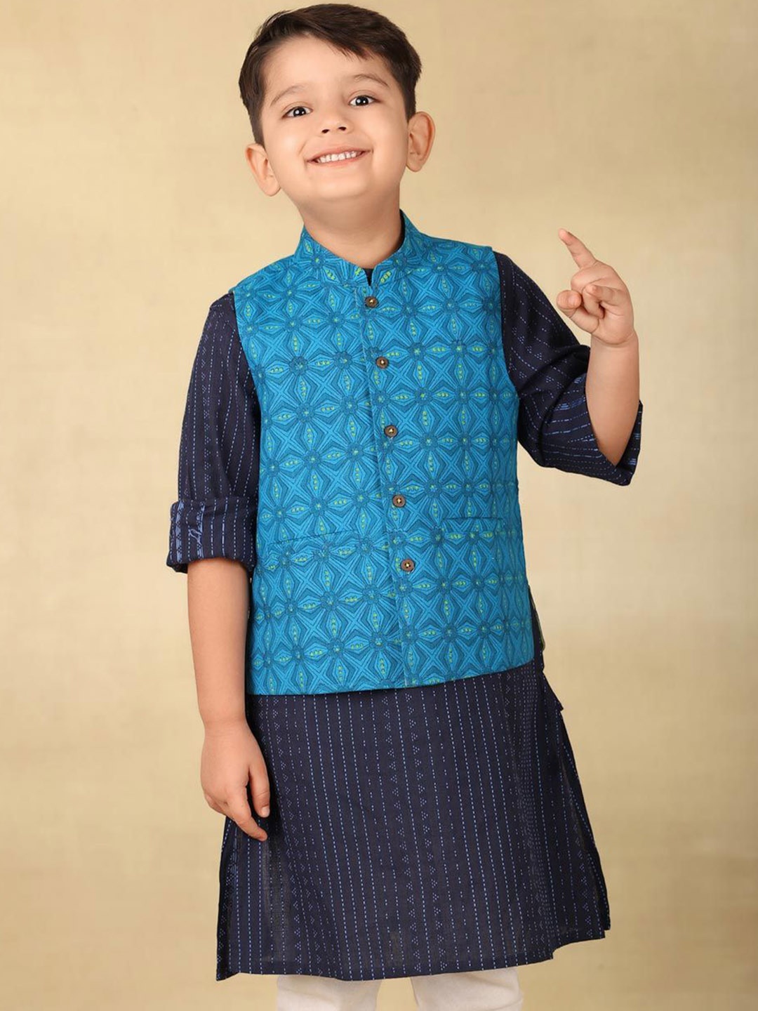 

Fabindia Boys Printed Pure Cotton Nehru Jacket, Blue