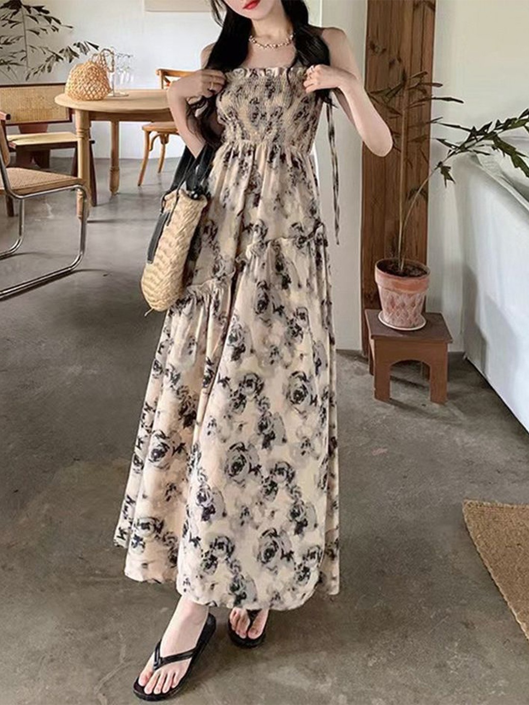 

LULU & SKY Floral Printed Ruffles Detail Maxi Dress, Black